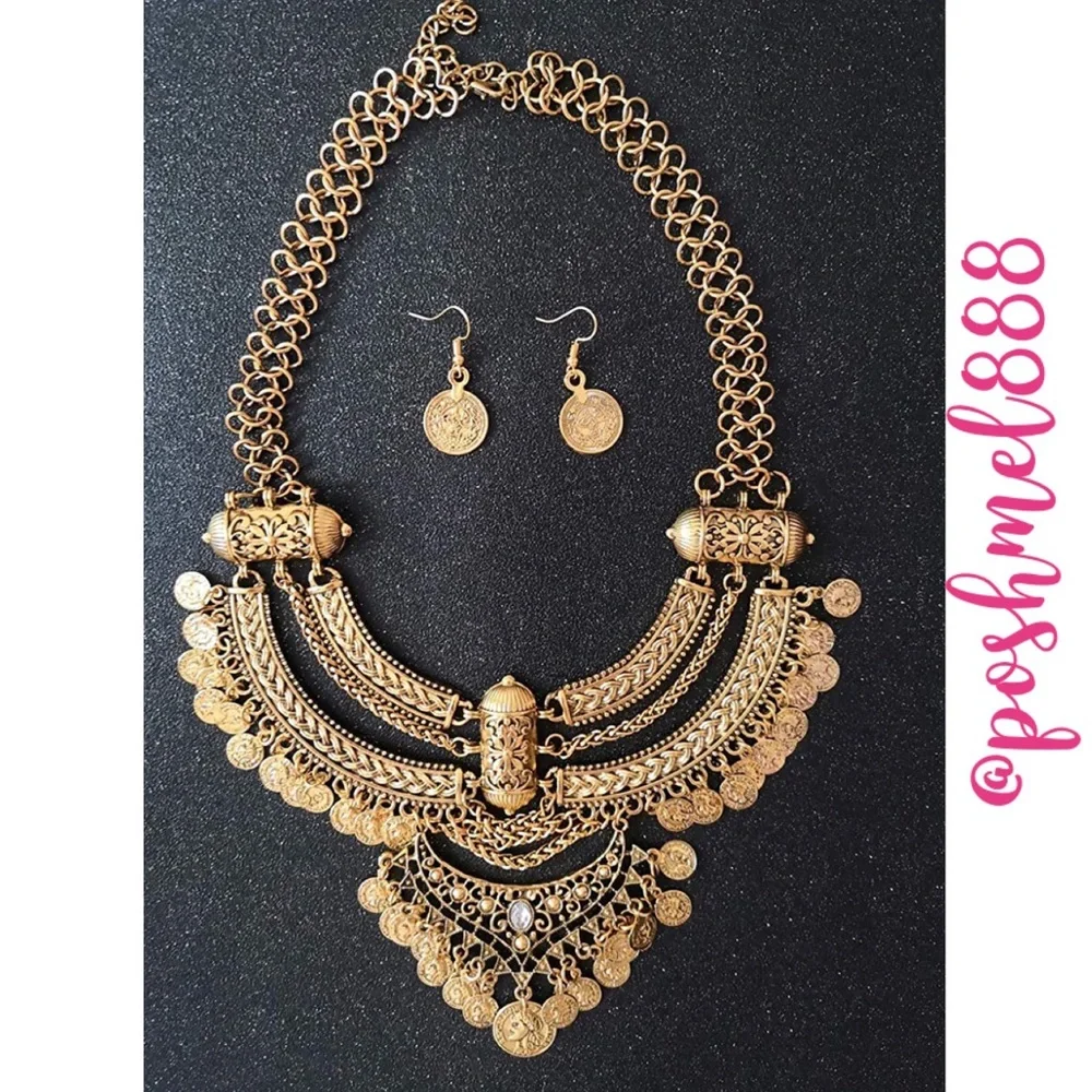 [GOLD] Exotic Bib Coin Necklace+Earring Set - Picture 2 of 7